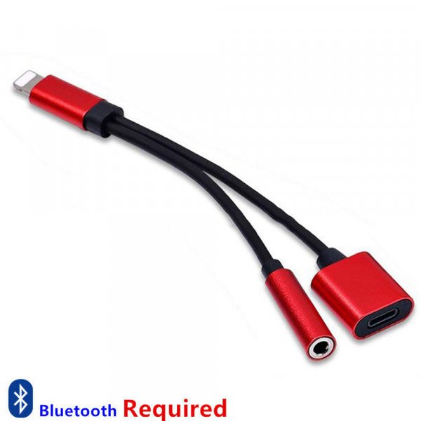 Wholesale 2 in 1 Bluetooth WIRED IP Lighting to Earphone Headphone Jack Adapter with Charge Port for Apple iPhone (Red)